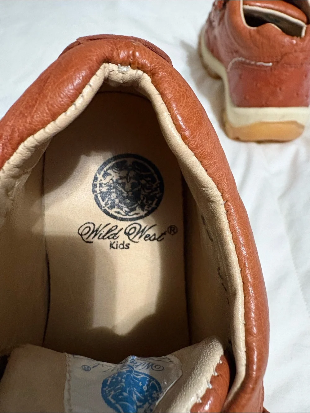 Kids 11.5 Wild West Ostrich Leather Lace-Up Driving Moc Tan/Orange